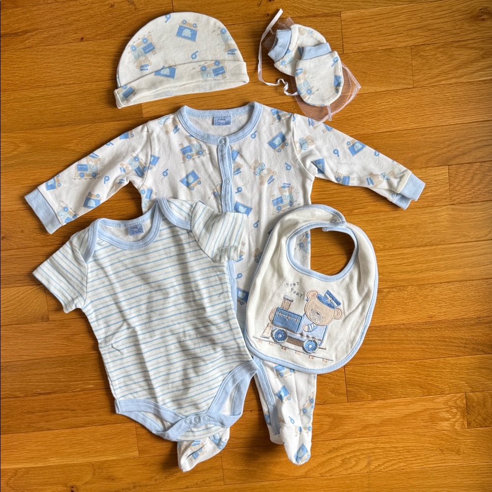 Rock-A-Bye-Baby Boutique Baby Boys "Bear in Train" Layette Set – 5-Piece Set